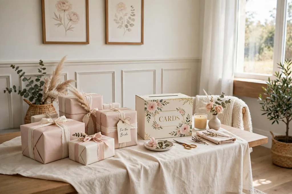 Gift table with wrapped presents, a decorated card box, and a plain cloth along a living room wall.