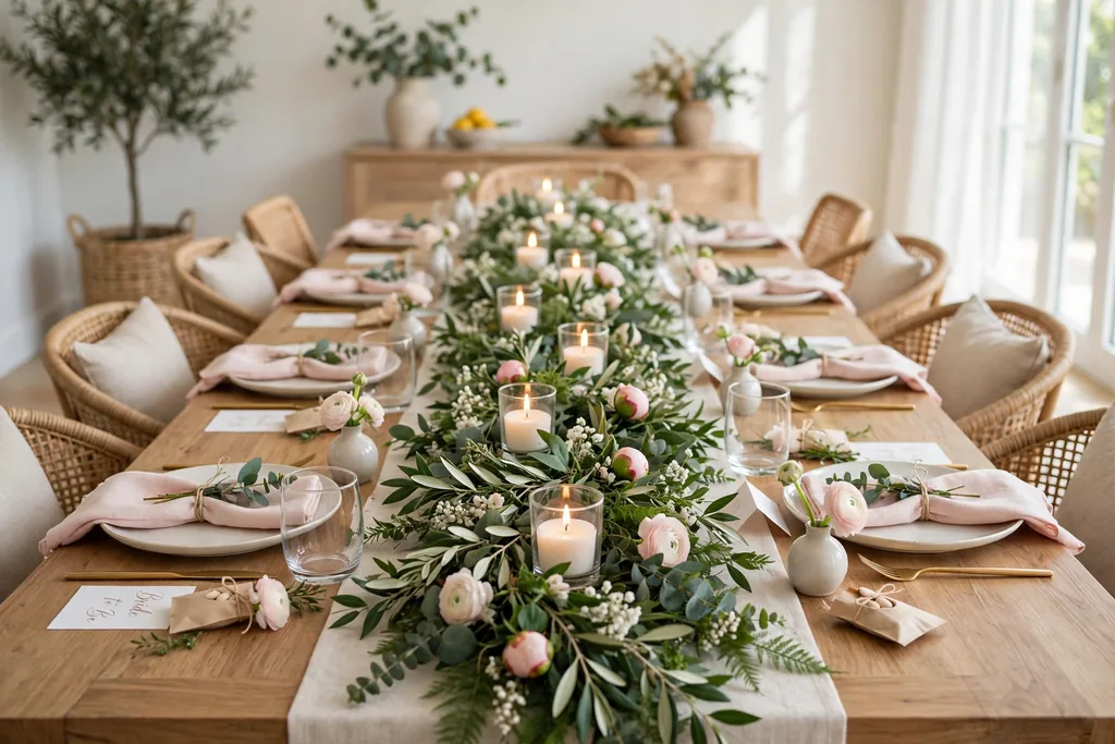 Greenery garland runner with small blooms and candles in holders down a long dining table.