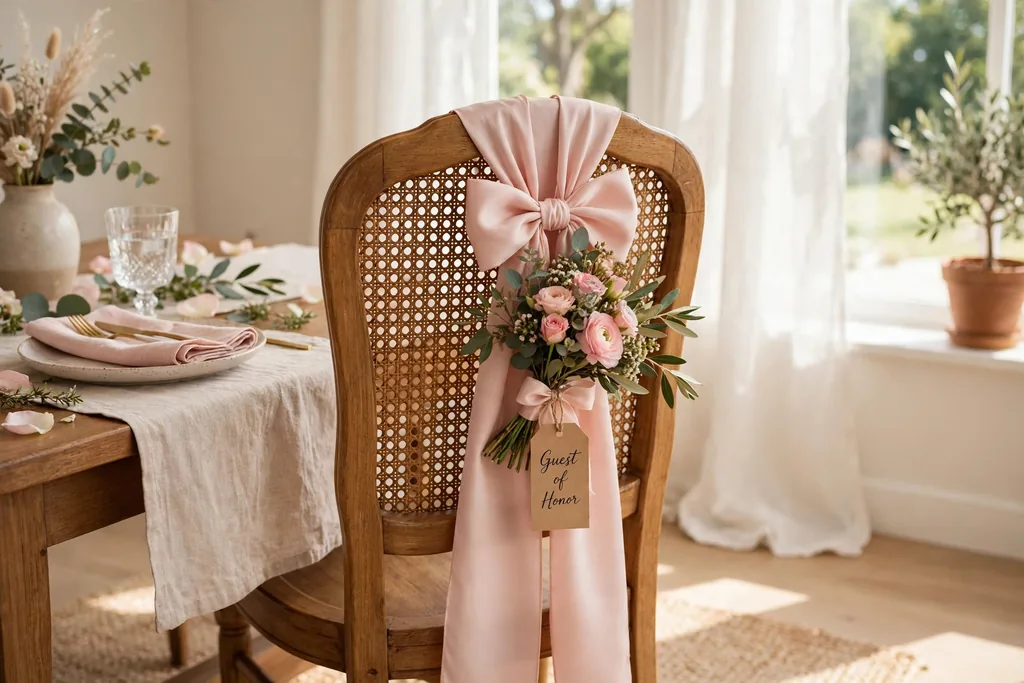 Dining chair with a blush sash bow and a small flower bunch tied to the chair back.