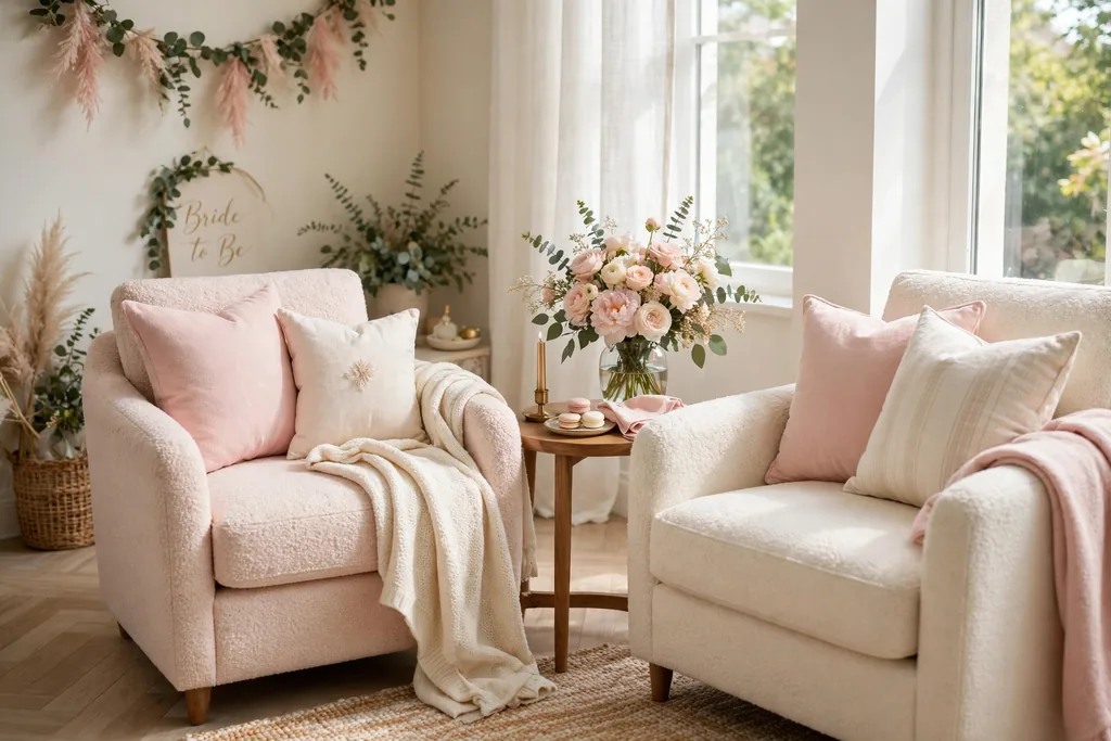 Cozy lounge corner with armchairs, pastel cushions, a throw, and a small side table with flowers.