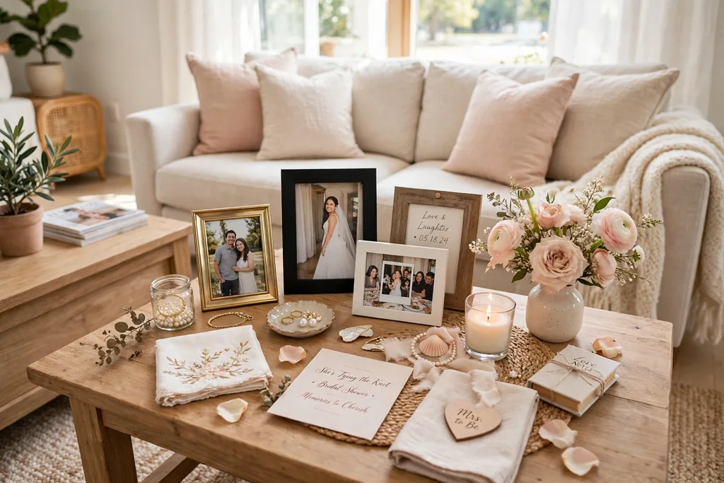 Memory table with framed photos, keepsakes, and a small vase of flowers near seating.