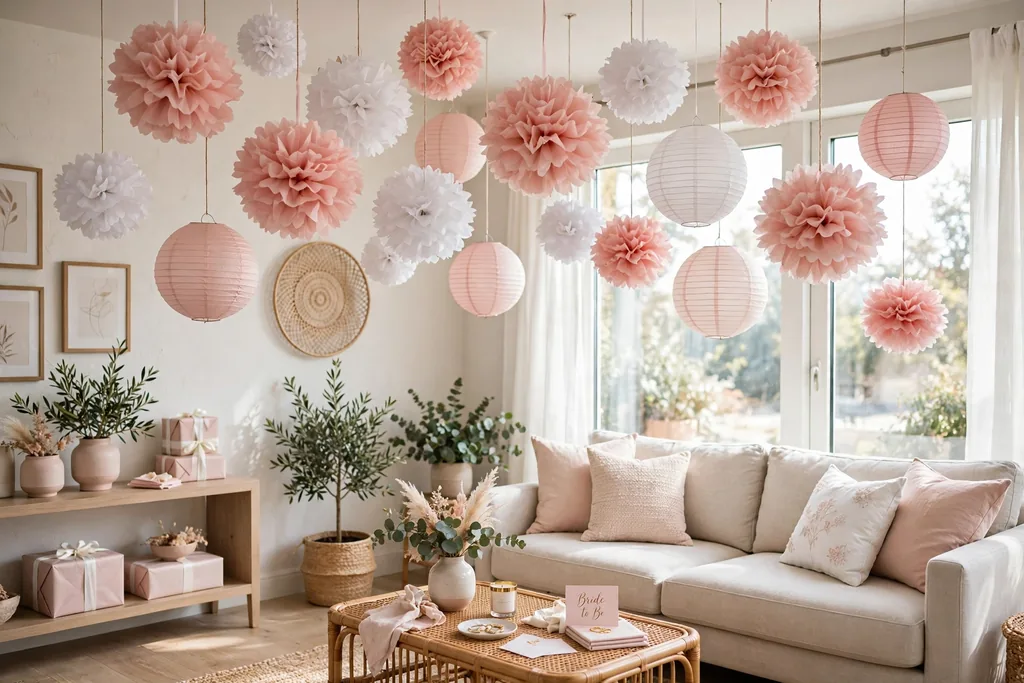 Paper pom-poms and paper lanterns in blush and white hanging from a living room ceiling.