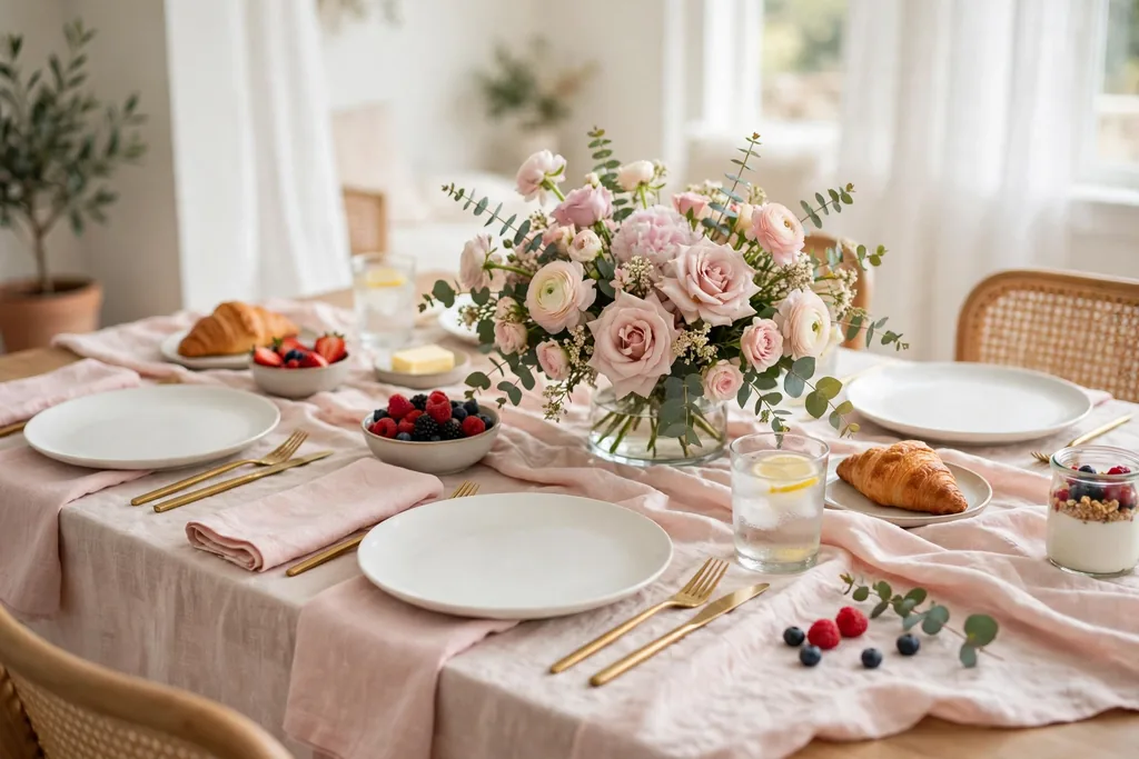 Brunch table with a pastel linen cloth, white plates, matching napkins, and a low flower vase.