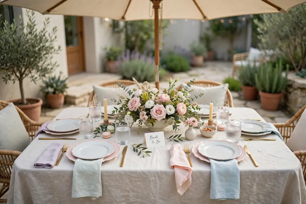 Patio table set for a bridal shower with a light cloth, low flowers, and a shade umbrella.