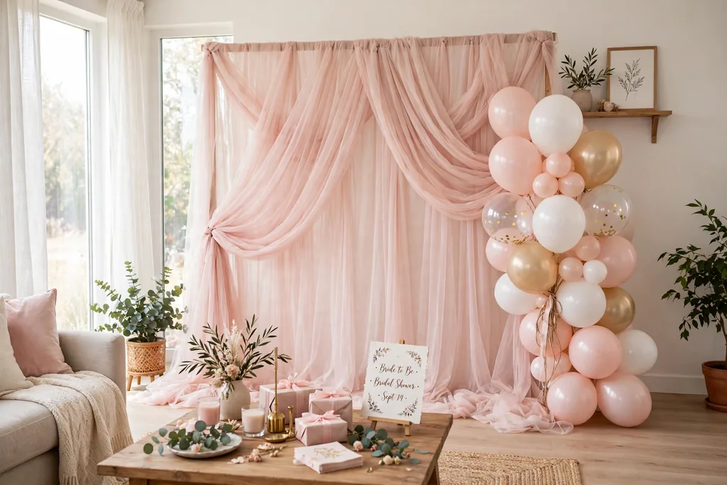 Fabric photo backdrop wall in soft tulle with a balloon bunch at one side in a living room.