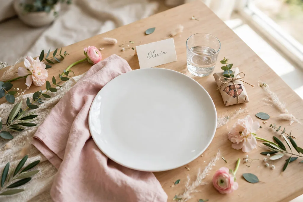 Table place setting with a handwritten place card and a small favor beside a white plate.