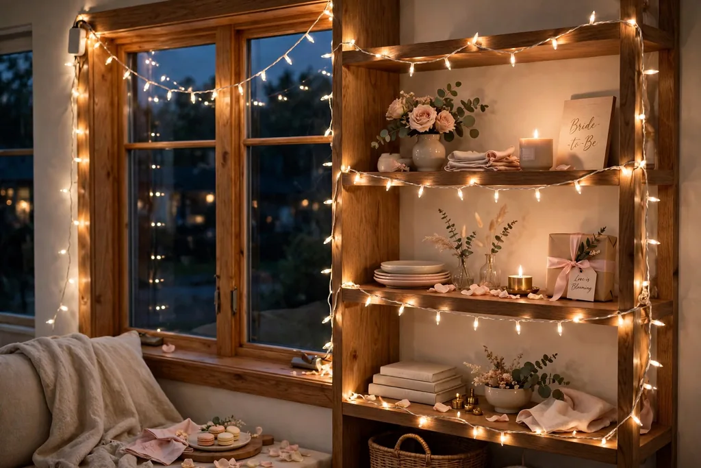 Battery string lights draped along a window frame and open shelves in a living room in the evening.
