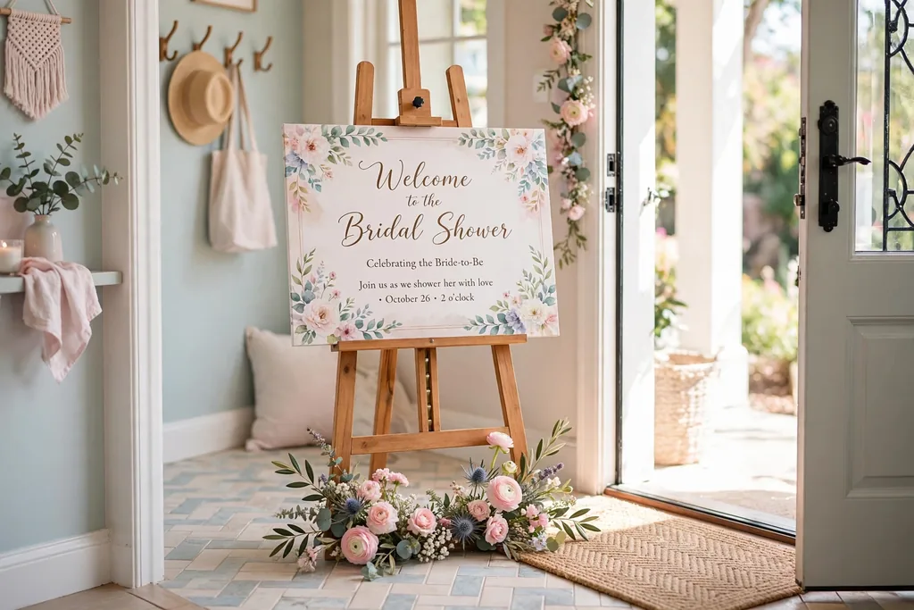 Welcome sign on an easel just inside a home door with small flowers at its base.
