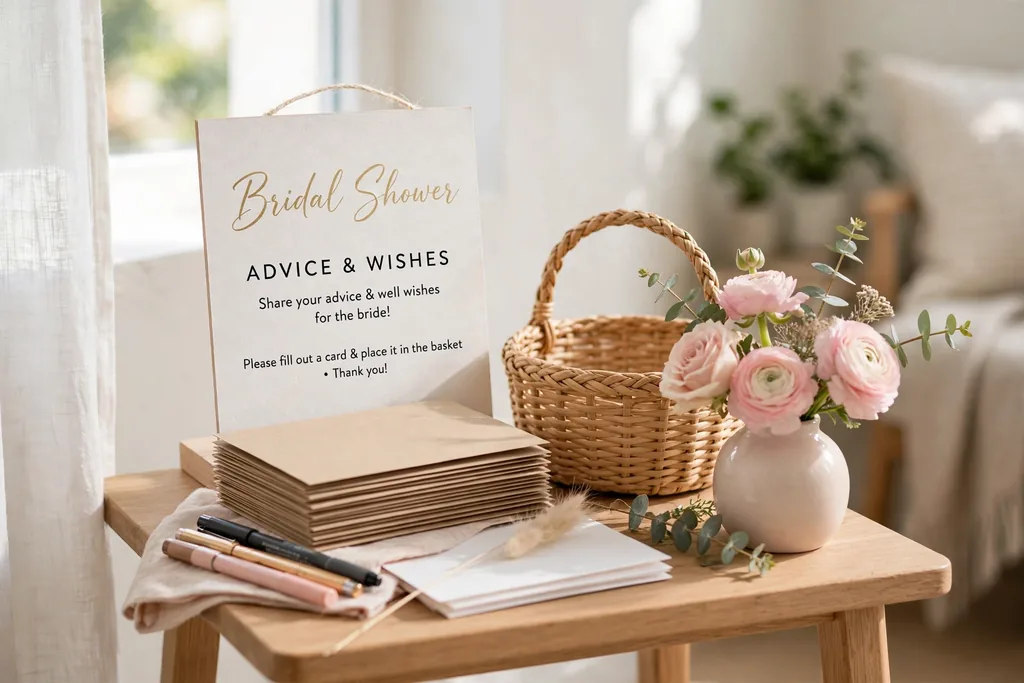 Advice and wishes card station with blank cards, pens, a basket, and a small vase of flowers.