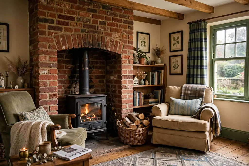 Inglenook fireplace with a wood burner, brick surround, log basket, and armchairs beside it.