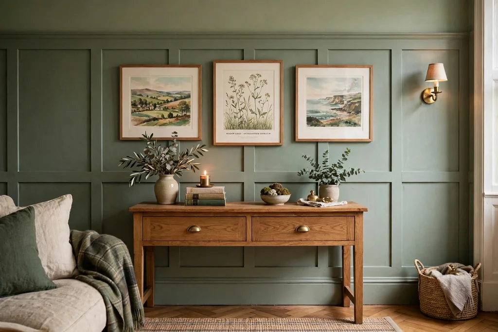 Living room wall with painted shaker wood panelling in sage green and a wood console below prints.