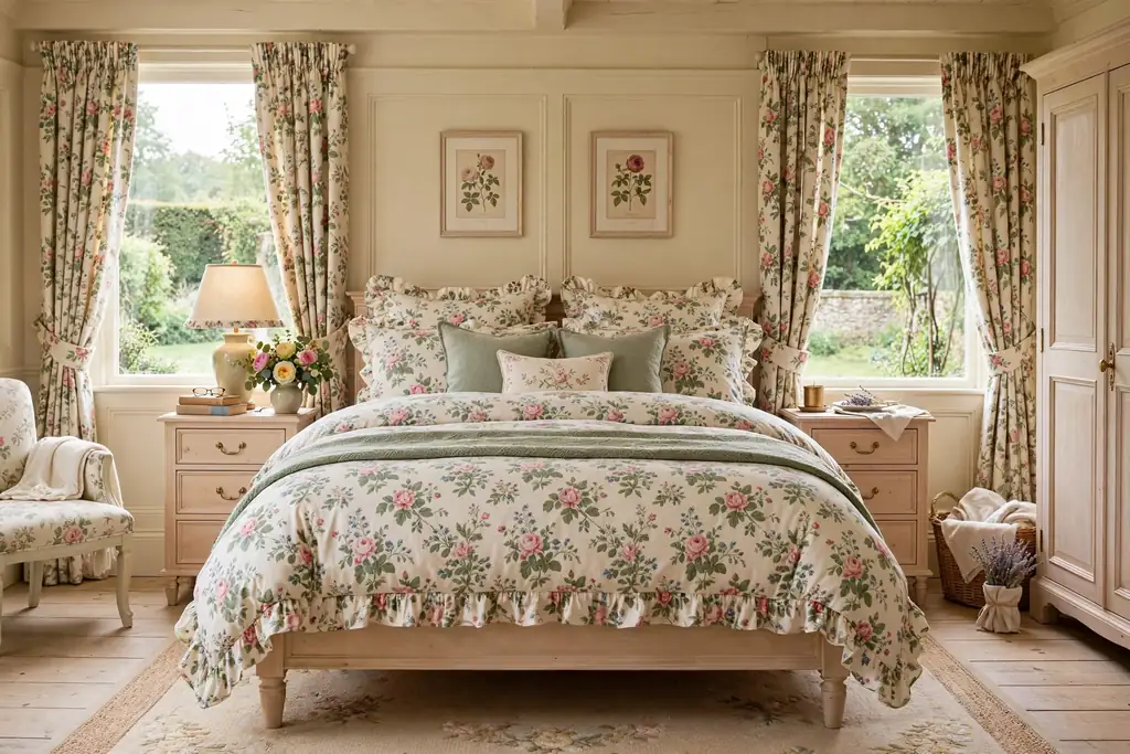 Bedroom with floral chintz bedding and curtains, cream walls, and pale wood furniture.