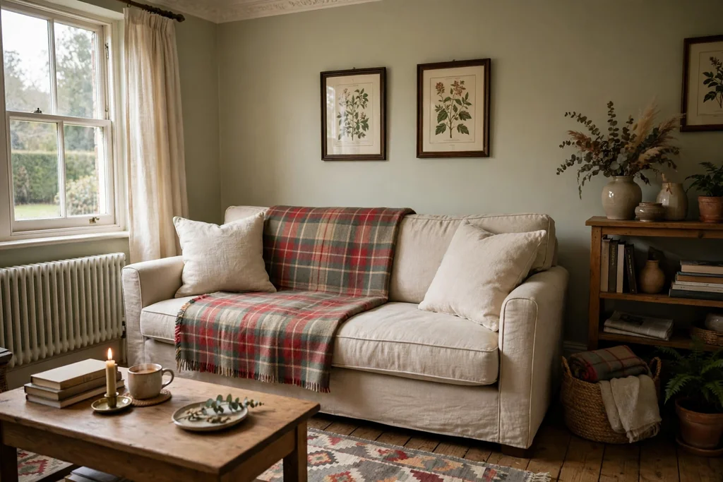 Plain sofa dressed with a folded tartan wool throw and cream linen cushions.