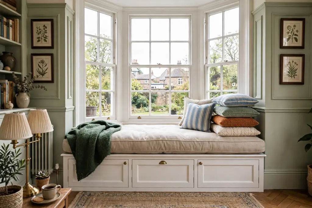 Bay window seat with a thick cushion, stacked cushions, and a storage bench below.