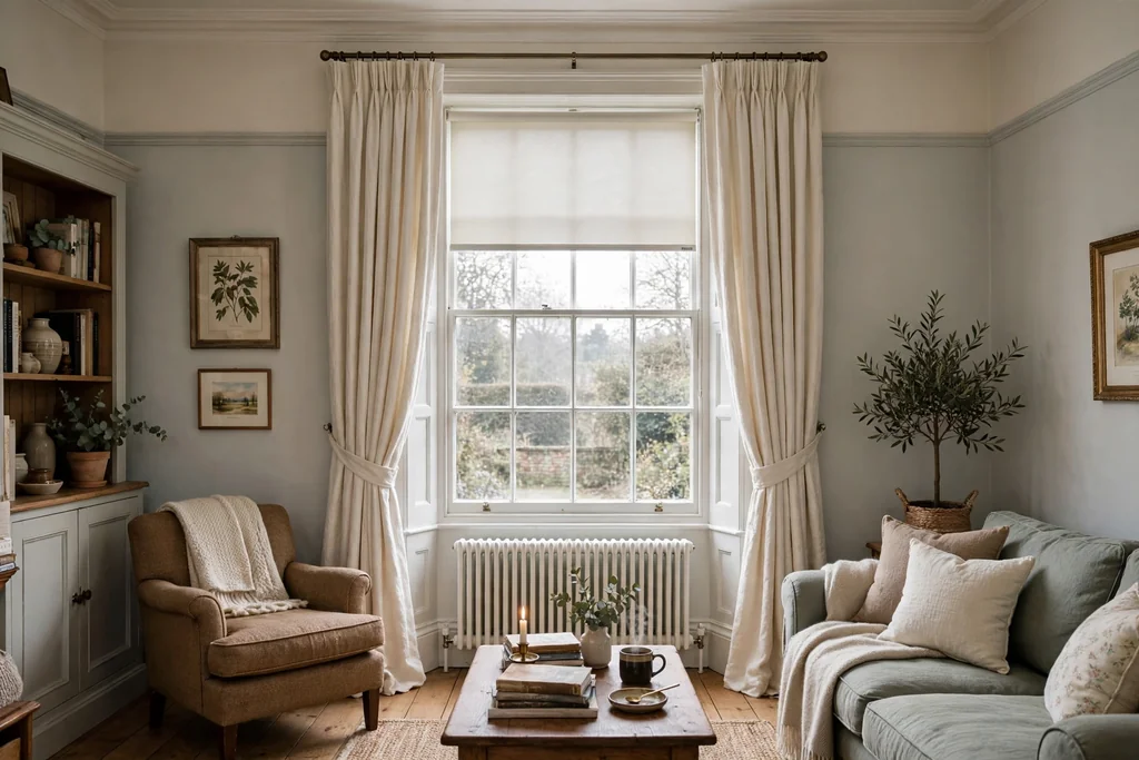 Tall sash window dressed with full length cream linen curtains and a slim blind.