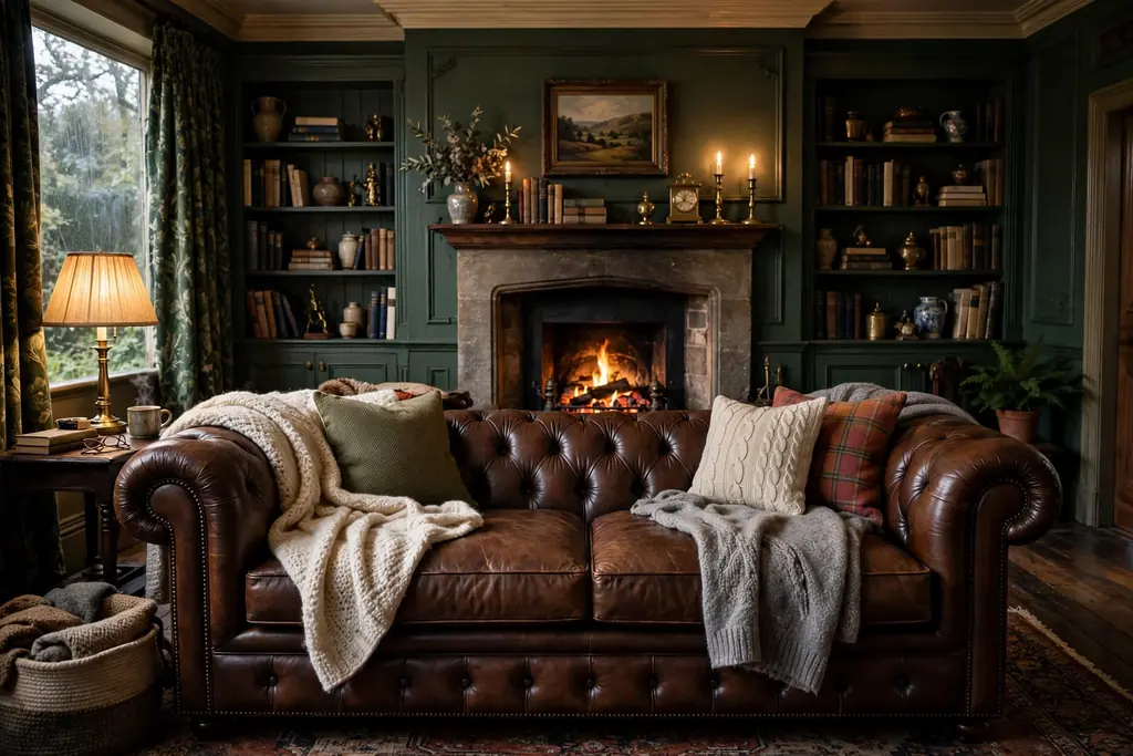 Leather Chesterfield sofa with deep buttons and rolled arms facing a fireplace.