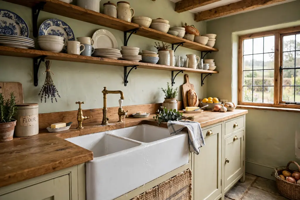 Farmhouse kitchen with a white Belfast sink, wood worktop, and open shelving with crockery.