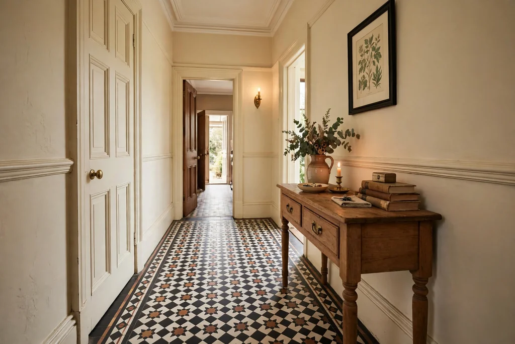 Hallway with patterned Victorian floor tiles in black, white, and terracotta, cream walls, and a wood console.