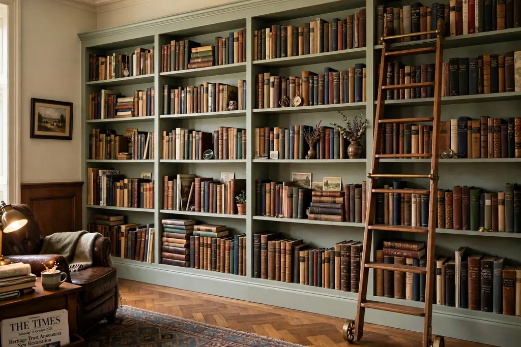 Wall of painted built in bookshelves filled with books, with a leaning ladder beside them.