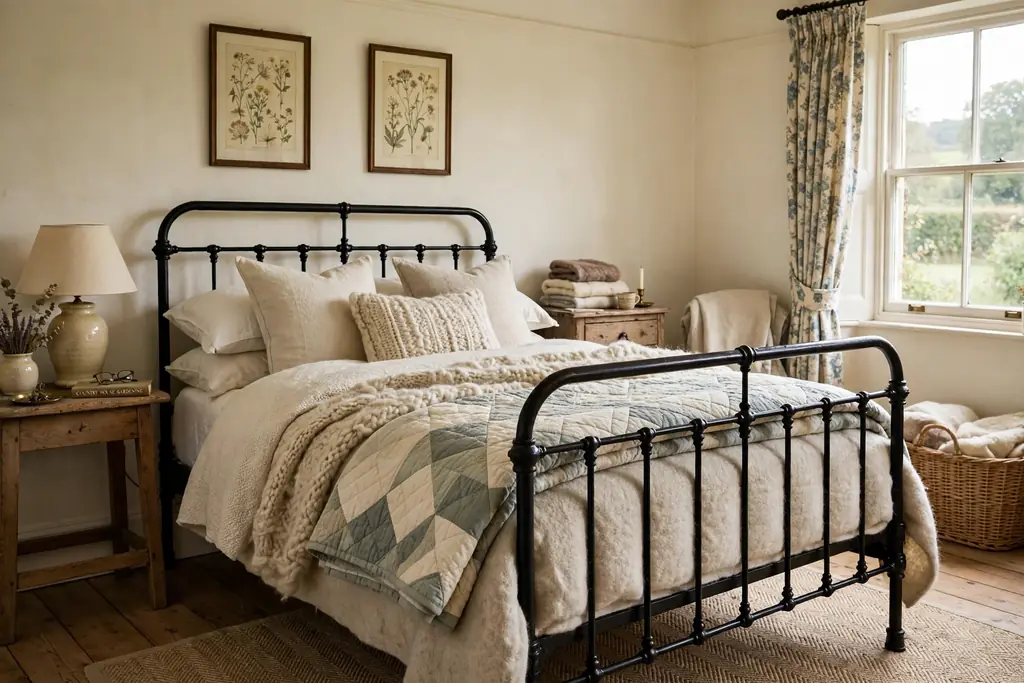 Bedroom with a black iron bed frame dressed with layered wool bedding and a folded quilt.