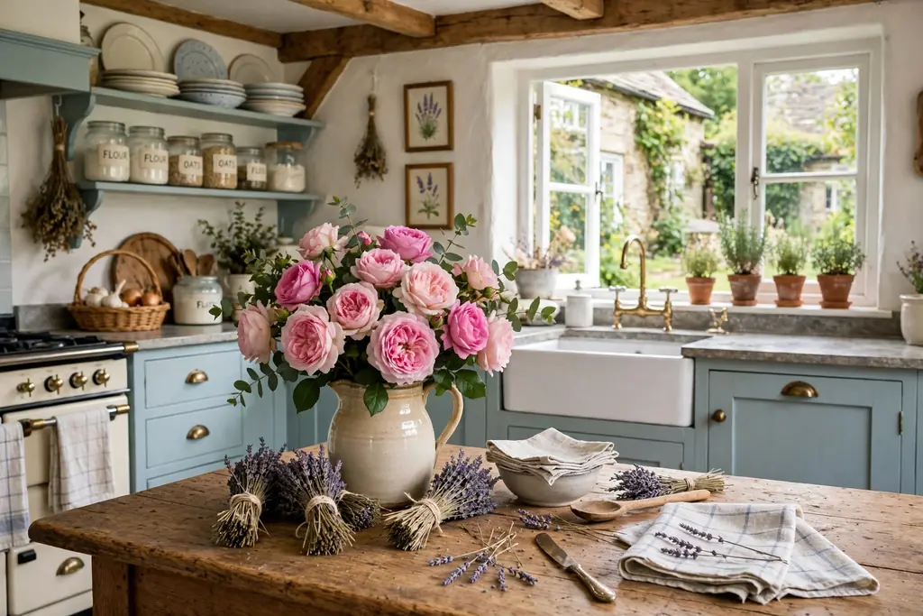 Kitchen table with a jug of garden roses and small tied bunches of dried lavender.