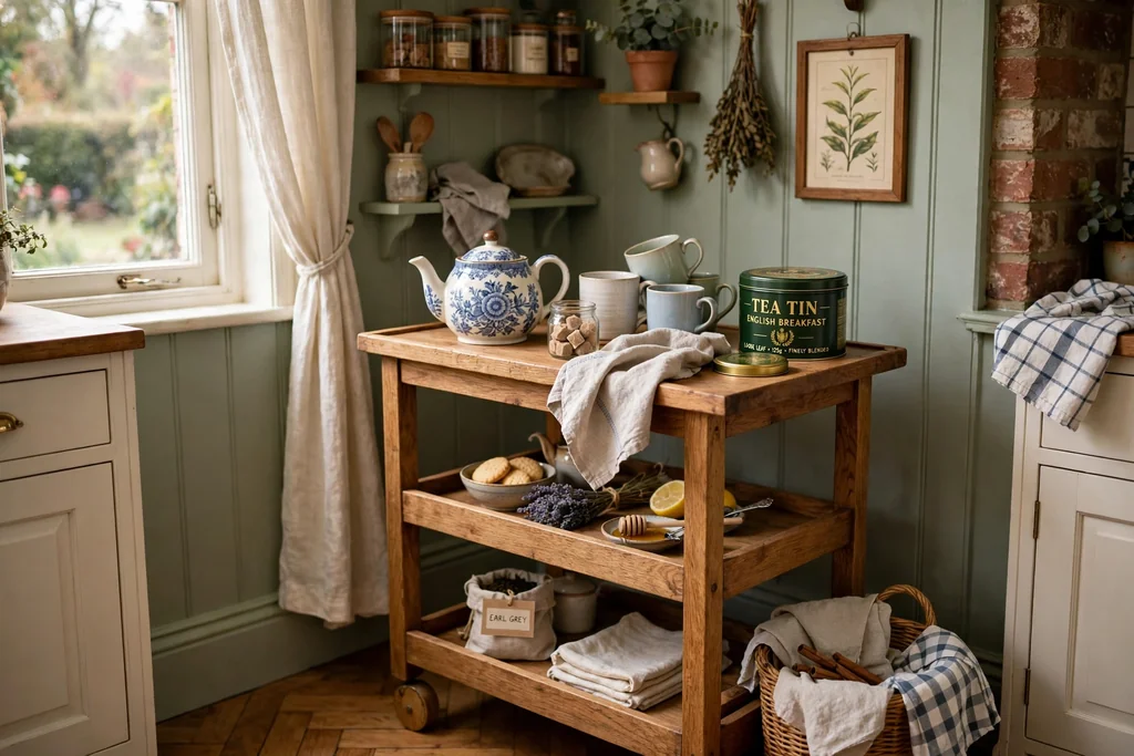 Tea corner with a wood trolley holding a teapot, mugs, and a tin of tea.