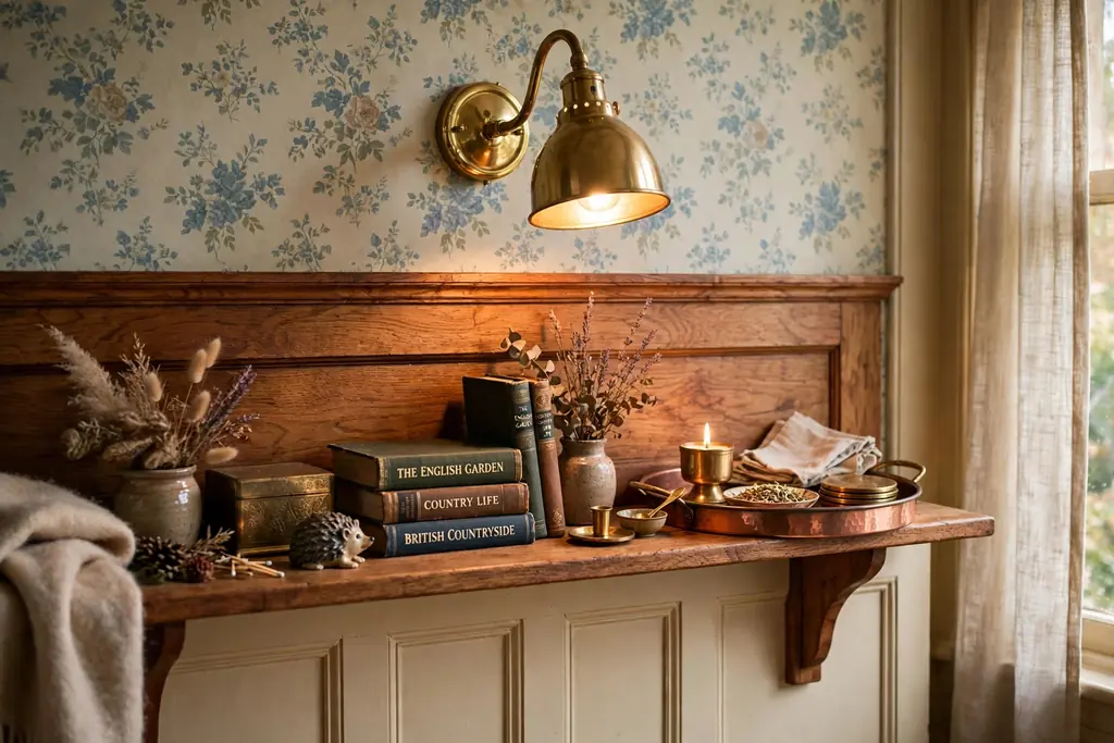 Living room shelf with a brass picture light, copper tray, and warm wood details.