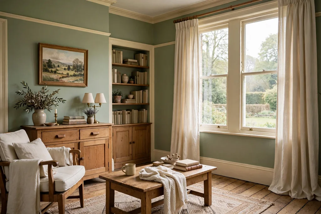 Room painted in sage green with cream trim, wood furniture, and cream linen curtains.