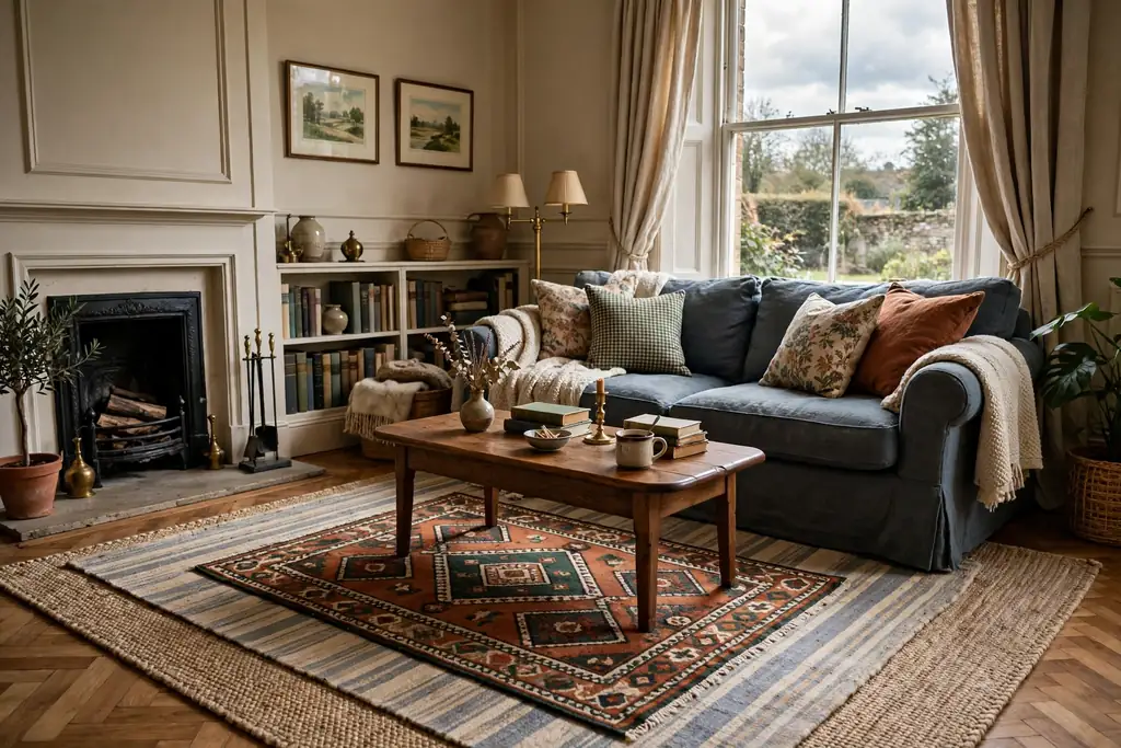 Living room with a flatweave rug layered under a smaller wool rug over wood floors.