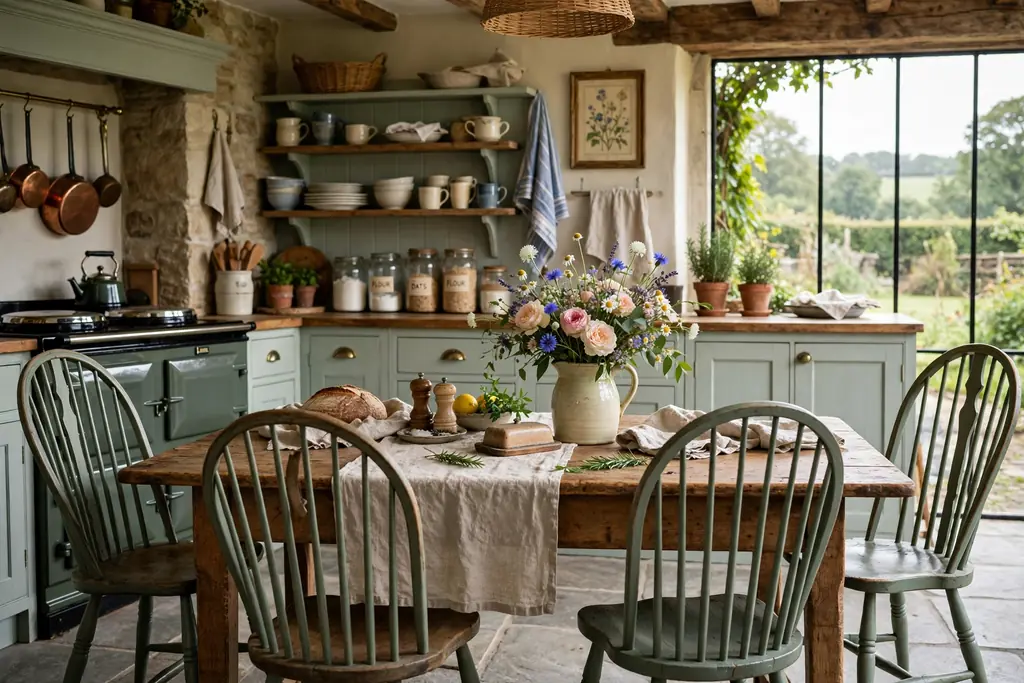 Farmhouse kitchen table with Windsor chairs, a linen runner, and a jug of flowers.