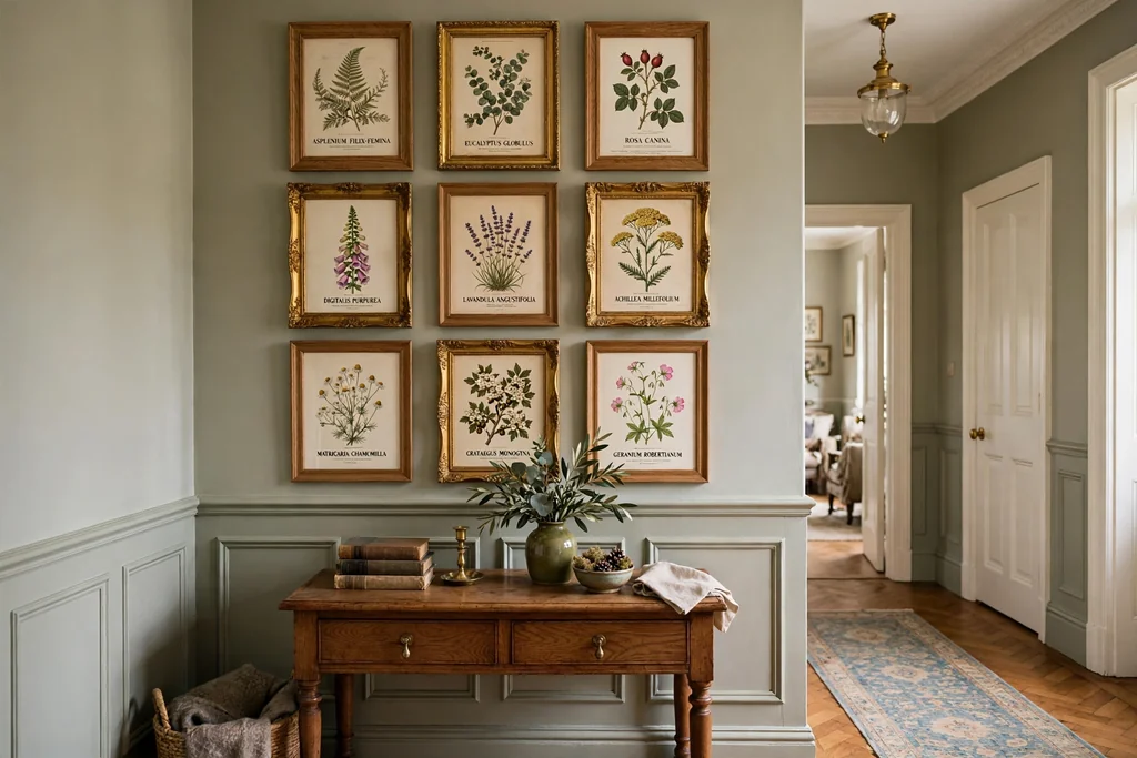 Hallway gallery wall of framed botanical prints in wood and gilt frames above a console.