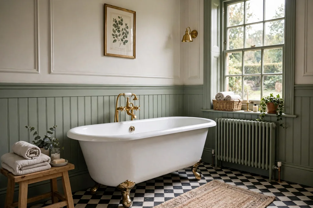 Bathroom with a freestanding white roll top bath, painted panelling, and a brass tap.