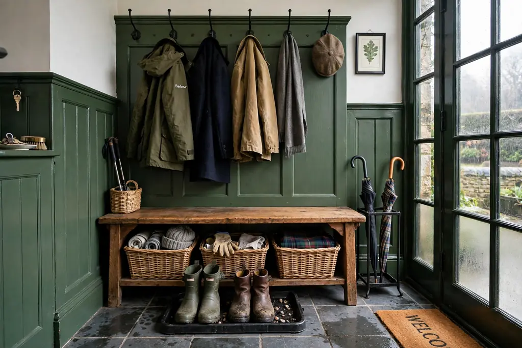Boot room with a wood bench, sturdy coat hooks, baskets below, and a boot tray.