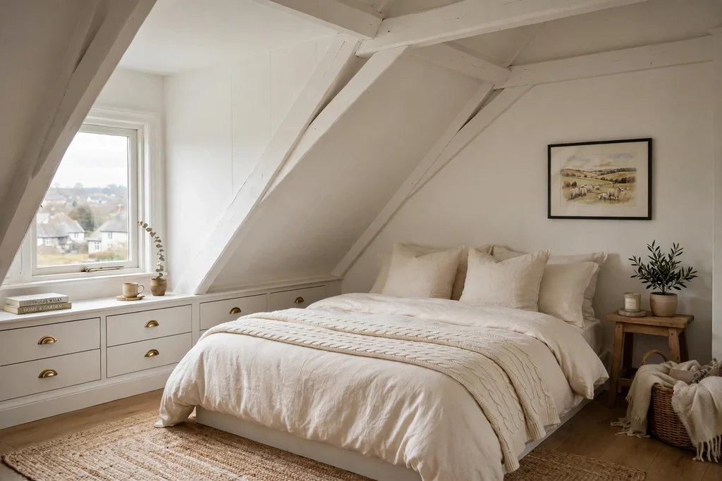 Attic bedroom under sloping white eaves with a low bed and built in drawers below the slope.