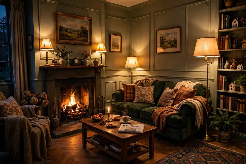 Living room in the evening lit by warm table lamps, a floor lamp, and firelight.