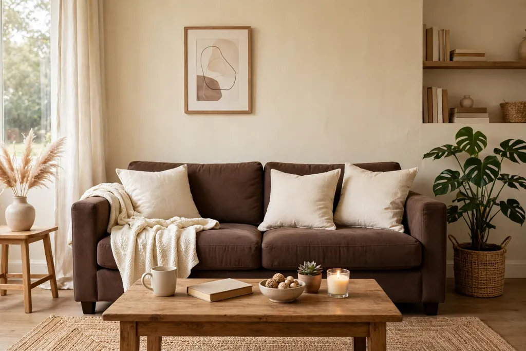 Chocolate brown sofa against warm cream walls with cream cushions and a wood coffee table