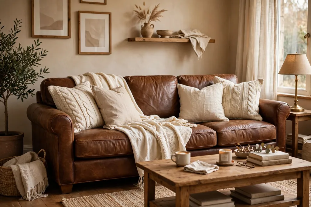 Brown leather sofa with cream throws and textured cushions in a warm living room