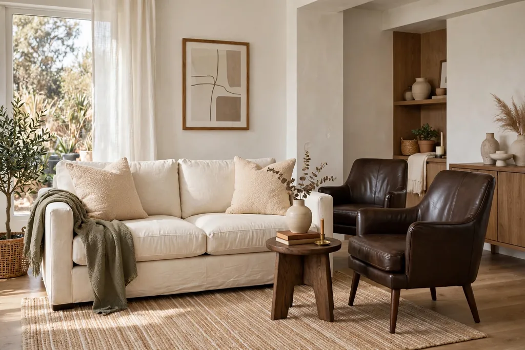 Cream sofa paired with two dark brown accent chairs and a brown side table