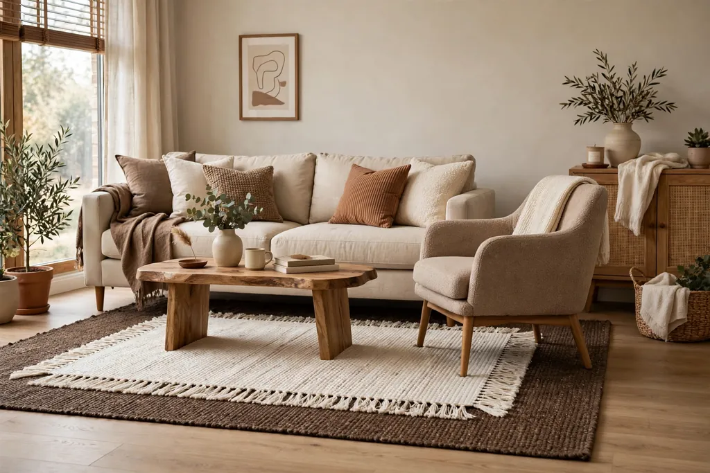 Layered brown and cream rug defining a seating group with sofa and chair legs on the rug