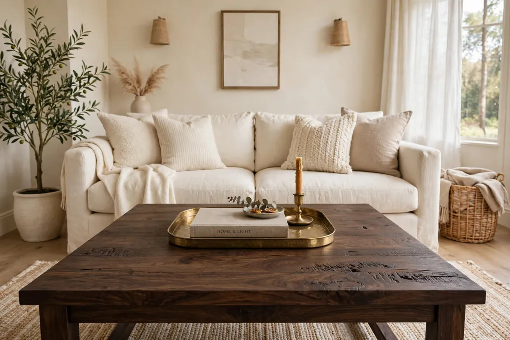 Dark wood coffee table with visible grain in a cream living room with a tray and book