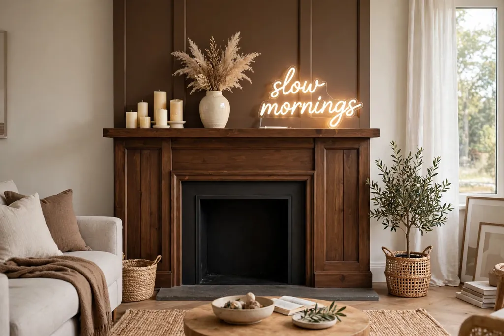 Brown fireplace surround styled with cream candles, a vase, and light art on the mantel