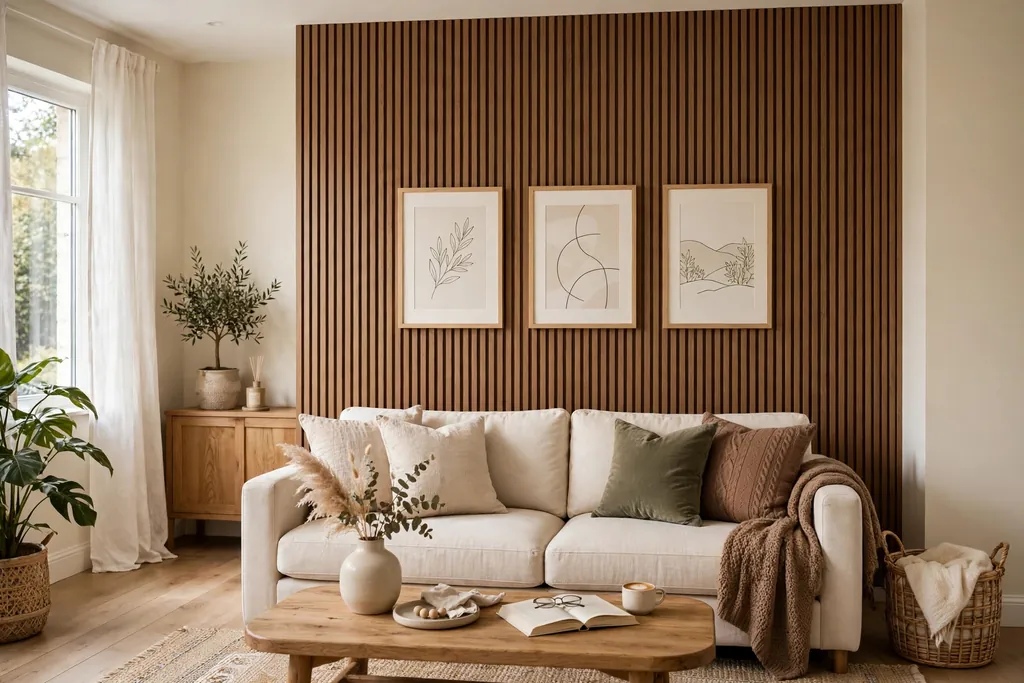 Brown feature wall behind a sofa with cream walls elsewhere and light framed art
