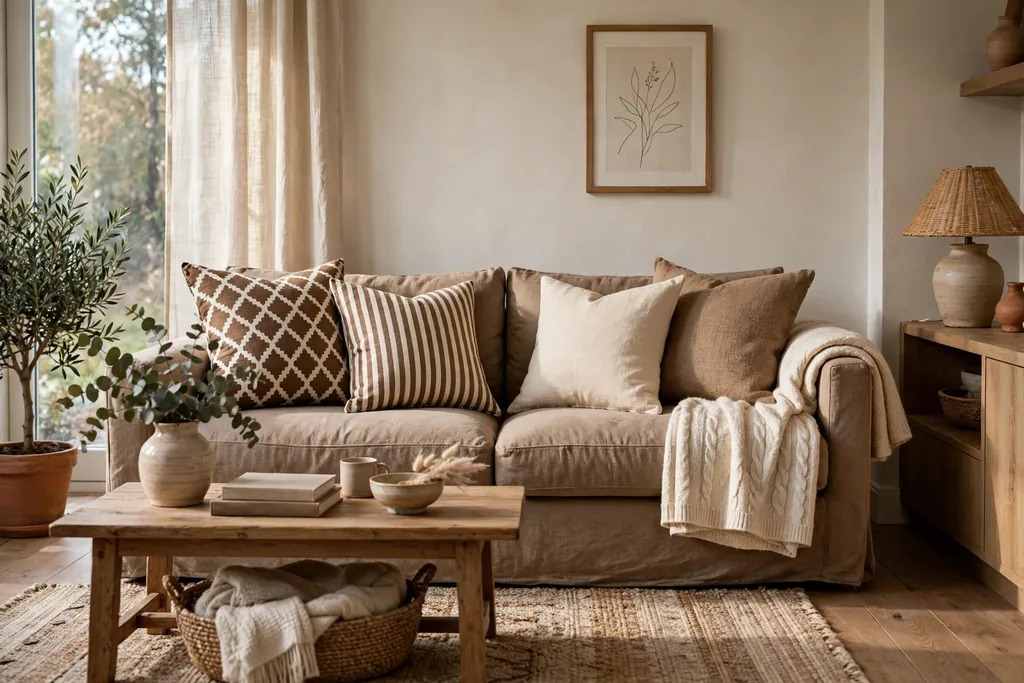 Sofa with mixed brown and cream patterned cushions and a folded throw