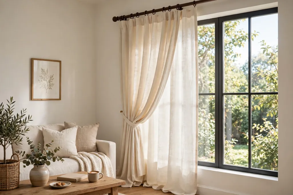 Cream curtains on dark brown curtain rods beside a bright living room window