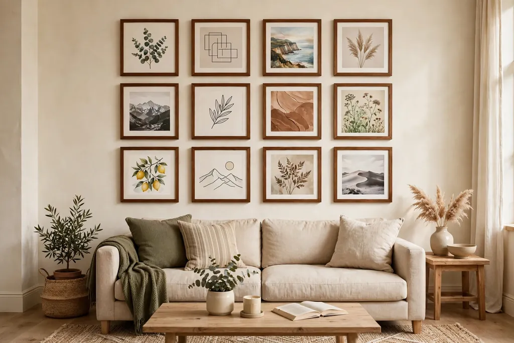 Gallery wall in brown frames on a cream wall above a living room sofa