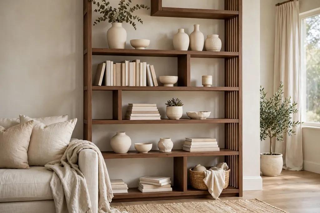 Brown wood shelves styled with cream ceramics, light books, and open gaps
