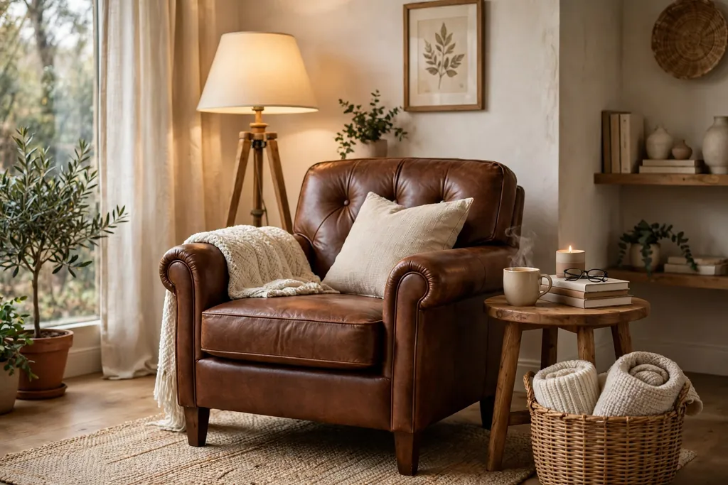 Brown armchair reading nook with a cream-shaded floor lamp, side table, and basket