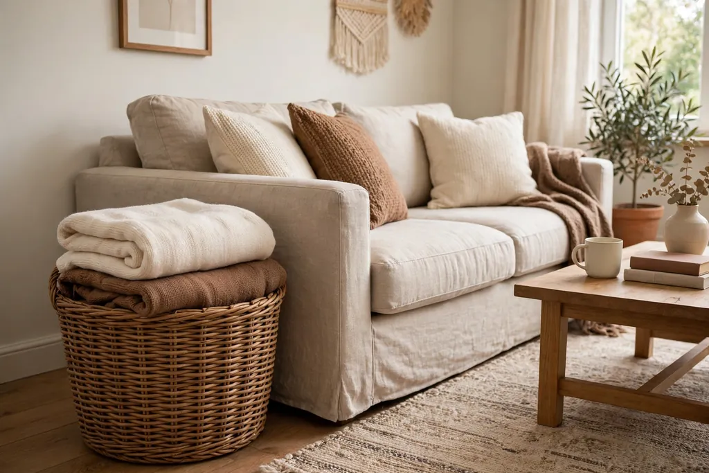Brown woven basket holding folded cream and brown throws beside a sofa
