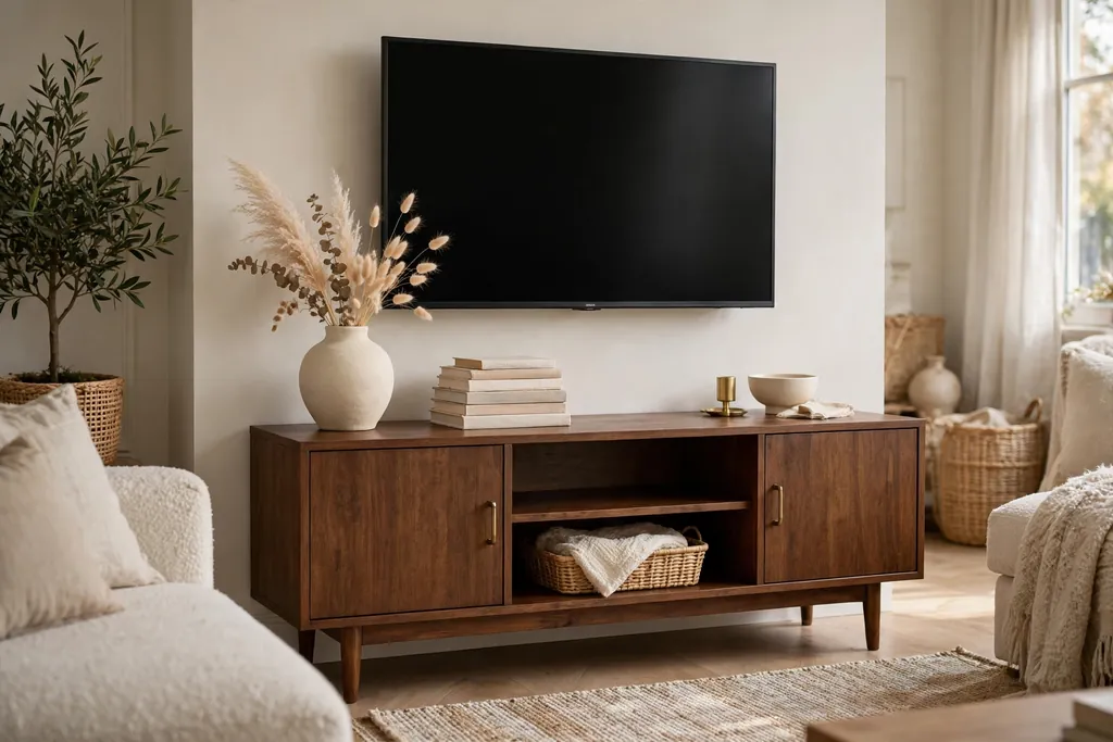 Brown wood media console under a television styled with a cream vase and light books