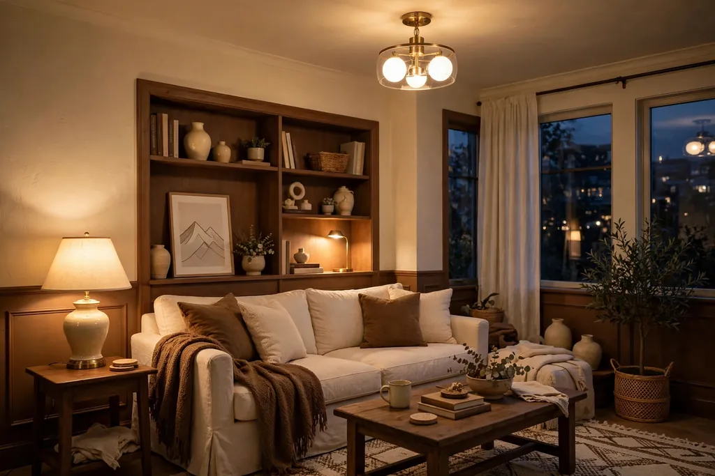Evening brown and cream living room lit by a ceiling light, table lamp, and small shelf lamp